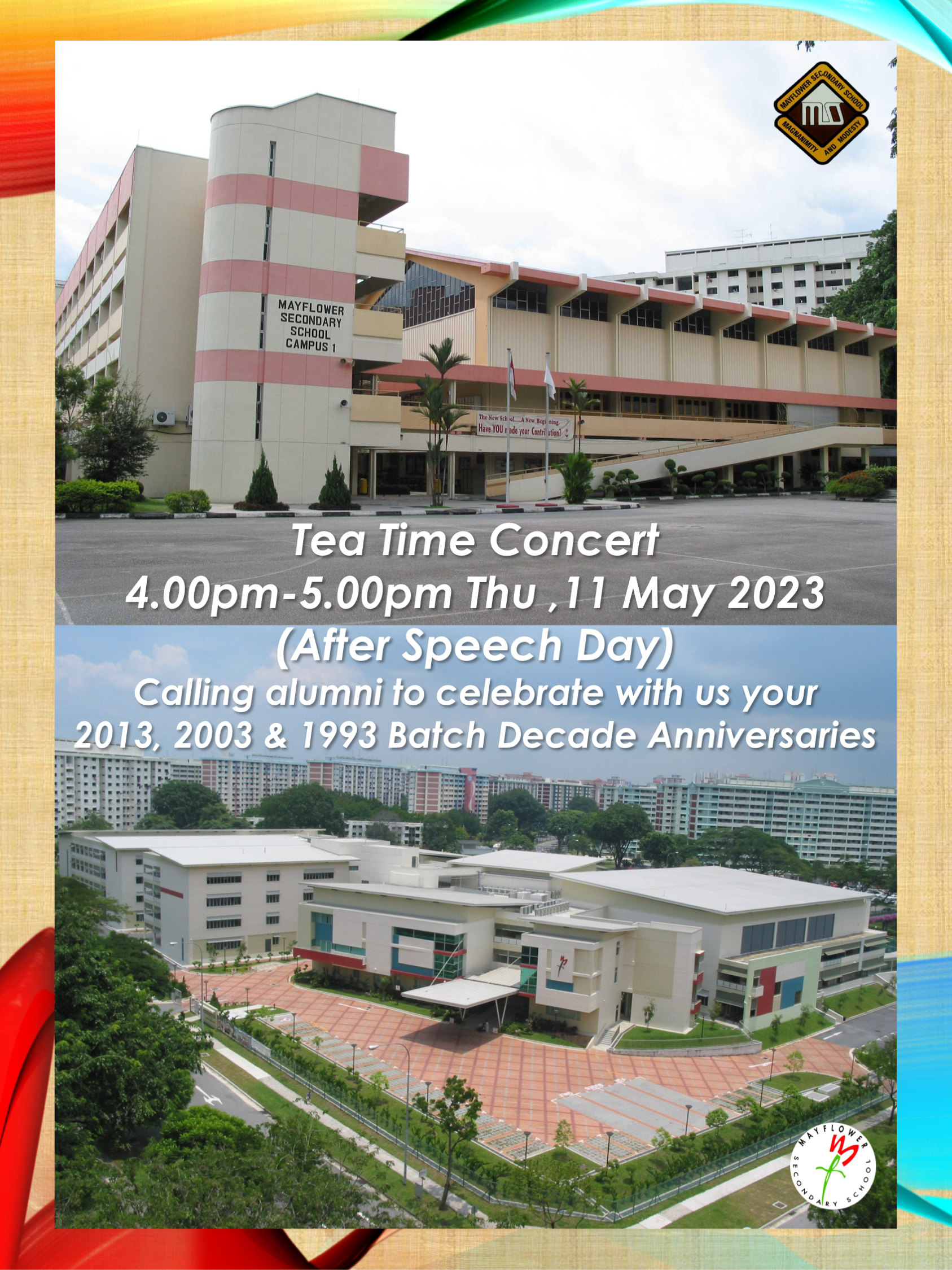 Poster of Mayflower Secondary School with photos of campus and Tea Time Concert details for 11 May 2023.